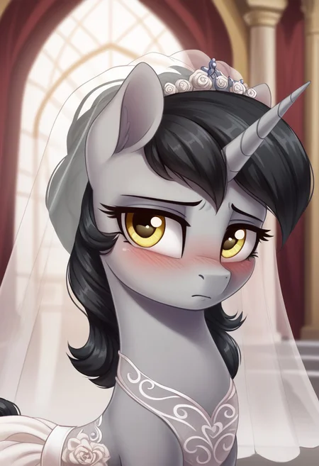 score_9, score_8_up, score_7_up, score_6_up, score_5_up, score_4_up, g4, solo, pony, feral pony, unicorn, female, black mane, gray skin, yellow eyes, wedding dress, wedding, palace, shy, sad, blushing, look at you, cute, glare, high res,