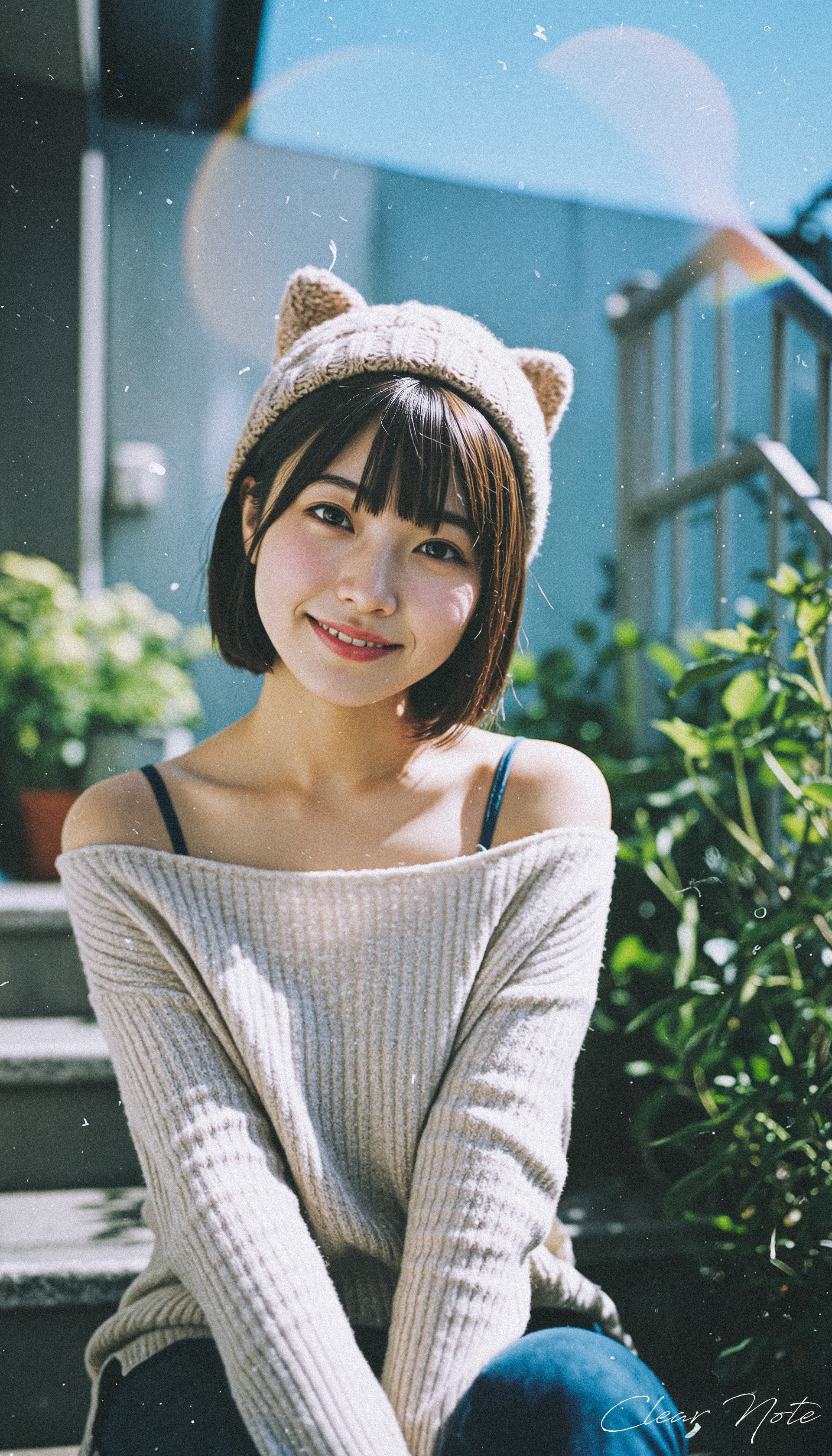 Japanese Culture Style, Emotional Photos, 35mm film, cute Japanese woman, smile, Cat ear knit hat, Off-the-shoulder sweater, Sitting on the stairs
