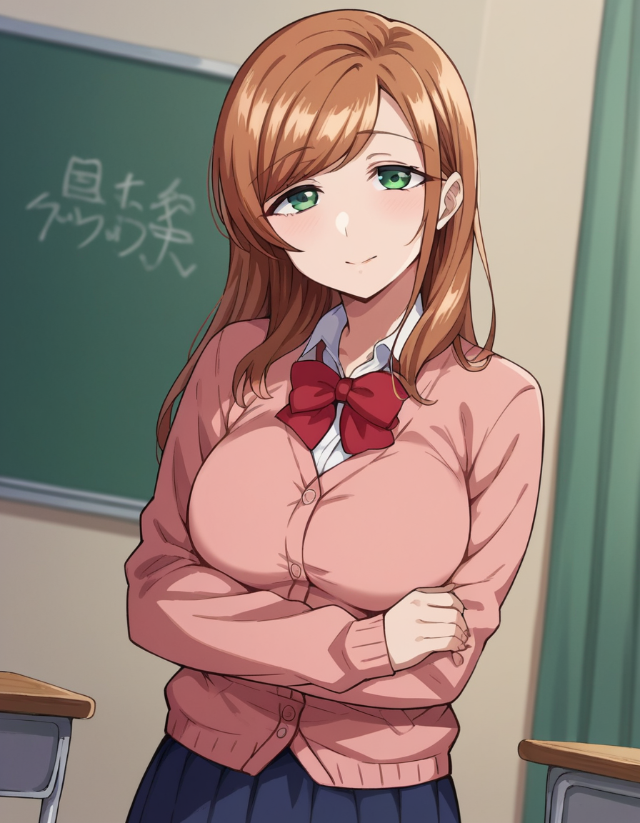 score_9, score_8_up, score_7_up, source_anime,
minakosanada, <lora:minako-sanada-ponyxl-lora-nochekaiser:1>
minako sanada, long hair, brown hair, green eyes, mature female,
long sleeves, bow, school uniform, bowtie, red bow, cardigan, pink cardigan, skirt, blue skirt,
indoors, classroom,
looking at viewer, dutch angle, cowboy shot,