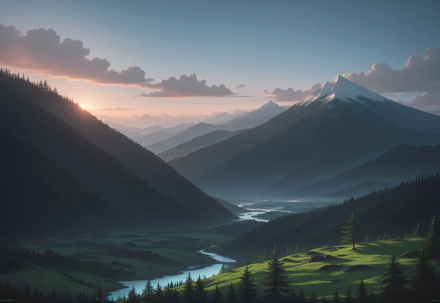 score_9, score_8_up, masterpiece, best quality, absurdres, highres, high quality, highly detailed, landscape photography, a gently sloping green hillside, bright blue sky with white wisps of cloud, evergreen trees, natural lighting, high contrast, vibrant color, arcane