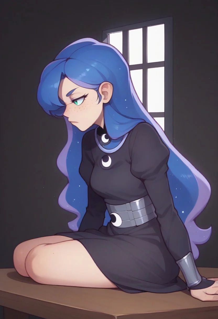 score_9, score_8_up, score_7_up, score_6_up, (humanized, human), 1girl,, (princess luna), blue hair, , long hair, ((freckles)), anatomically correct, medium breasts, dark background, photo_realistic:1.5, fully clothed, high resolution, ,serious face, lidded eyes, looking out window, in a bedroom, night time, soft glow, moonlit room, big eyes, elegant dress, blue and black dress, armored dress, looking away, sitting in a chair, legs crossed, chin resting on hand, elbow on table