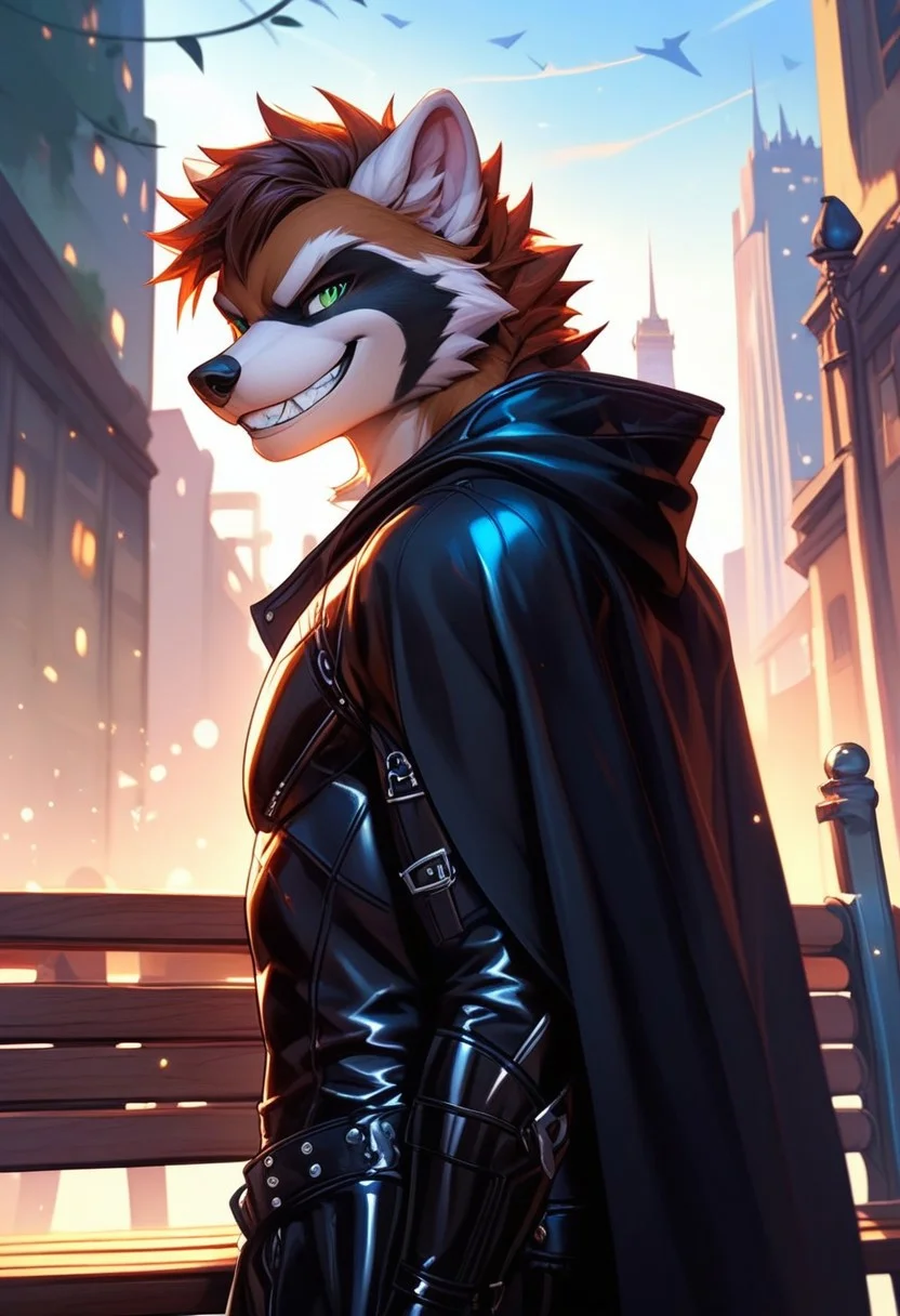score_9, score_8_up, score_7_up,score_9, score_8_up, score_7_up, ((cowboy shot)), city, park, park bench, standing, BREAK, ((High fantasy art style)), solo, male, anthro raccoon, black hooded cloak, (black leather breastplate), black leather greaves, black leather pauldrons, black leather boots, brown hair, ((detailed green eyes)), ((Masterpiece), (absurdres), (shadowy), (mysterious), ((evil grin)), ((sadistic smile))