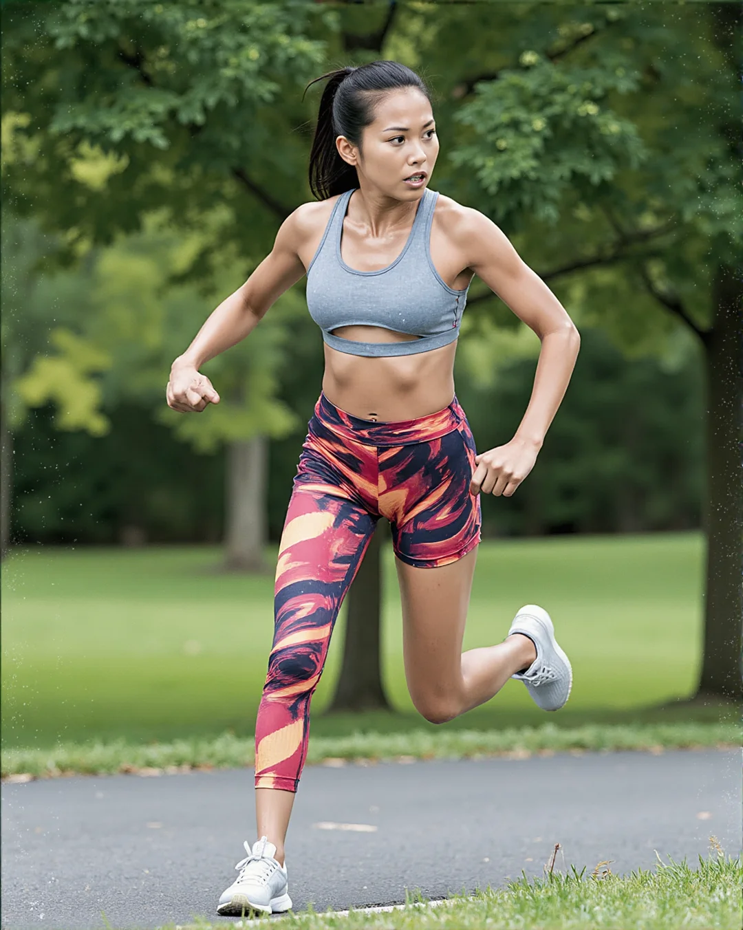 an analogue action photo of a tsserandite <lora:ts_f1d_serandite_20240919_2000:1> Japanese girl exercising in the park, wearing fire <lora:ts_f1d_singleg_20250401_3600:1> s1ngl3g leggings with a wavy geometric design, a plain gray sports bra with a ubcutout cutout right underneath the breasts, and white running shoes. She is looking to the side with an intense expression, and her skin is very sweaty with beads of sweat visible copiously flying off her skin. The photo is framed to show her full body. The film photo has very coarse film grain, slight motion blur, large bokeh, and a narrow depth of field. <lora:flux_sweat_v2:0.6> <lora:ts_f1d_ubcutout_v310_20240905_2303:1>