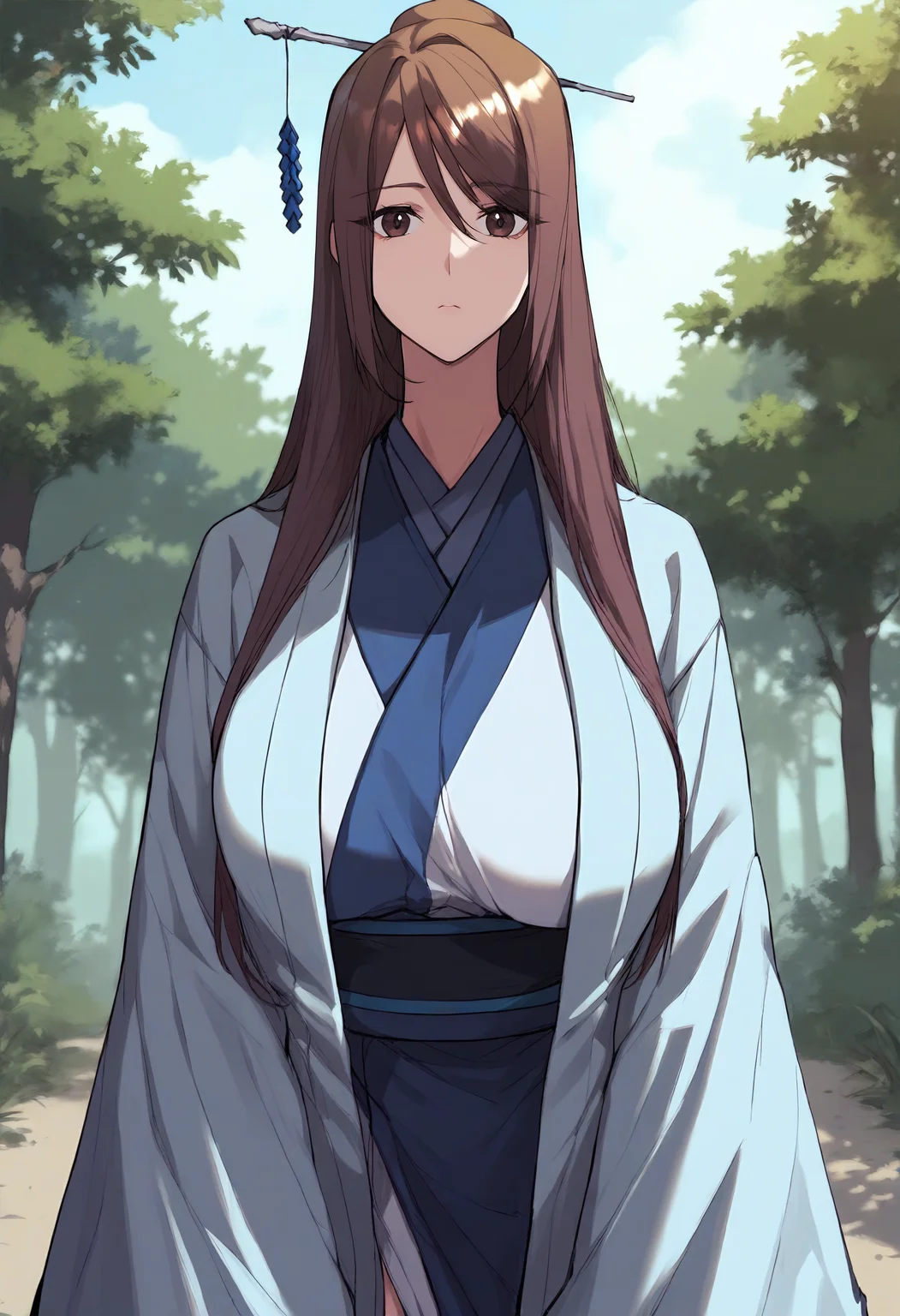 score_9, score_8_up, score_7_up, score_6_up, source_anime, rating_explicit, 1girl, solo, huge breasts, <lora:Nangong Hyang prefectPonyxl:0.9> brown hair, long hair, hair stick, hair ornament, single hair bun, brown eyes, chinese clothes, sky blue robe, kimono, sash, wide sleeves, long sleeves, expressionless, forest, outdoors, looking at viewer