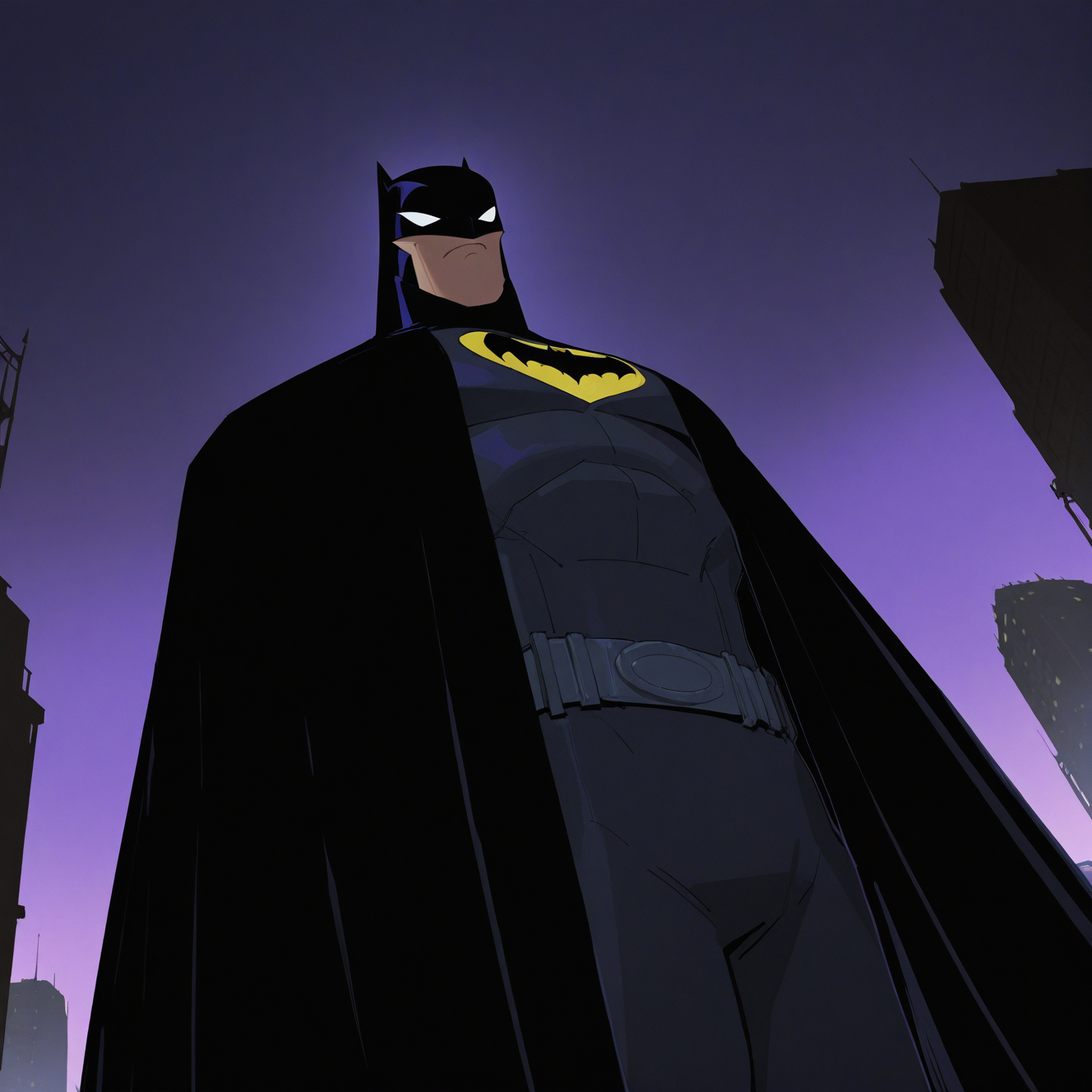 <lora:BATMAN_2004:1>batman_2004, solo, 1boy, closed mouth, standing, male focus, outdoors, sky, no humans, mask, night, shadow, frown, from below, building, night sky, cloak, city, silhouette, dark, white eyes, blank eyes, purple sky, upper body, coat, black coat, superhero, dynamic perspective, detailed background, motion blur, film grain, abstract, natural lighting, fantasy, cinematic, dynamic view, tilted angle, very awa, masterpiece, best quality, absurdres, newest, perfect quality, detailed background, intricate details, (artist:fl \(l-fl\):0.7), (artist:tooboshoo:0.7), (artist:dizdoodz:0.8)