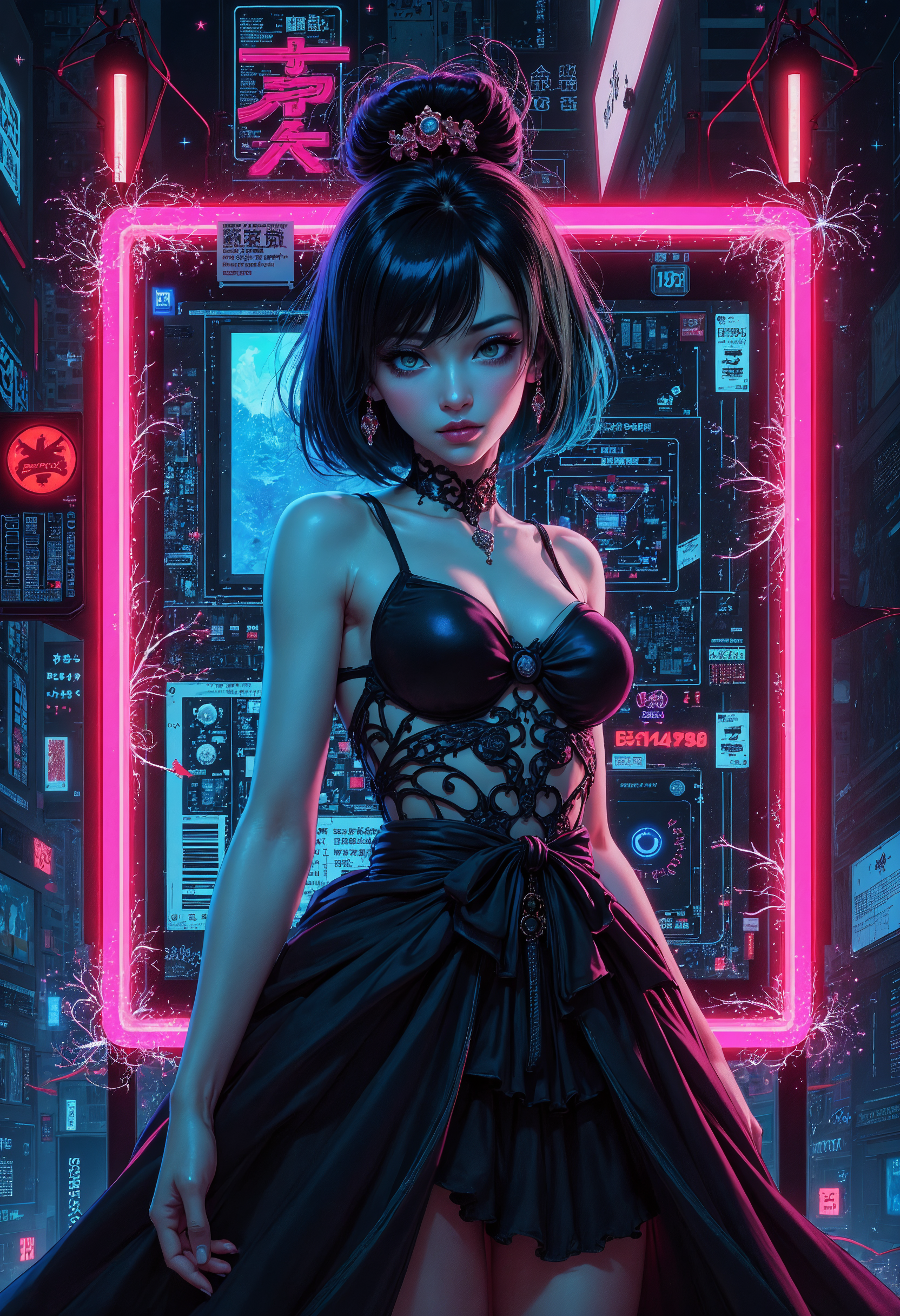 (in Otomo Katsuhiro style:1.2), masterpiece, high-quality, An electric poet, her form an outline of neon wires against a dark backdrop, each line flowing in calligraphic strokes as if shes made of flowing ink, Shes surrounded by floating glowing symbols that shift with her movements like characters in an illuminated manuscript forming abstract poetry in the air, neon calligraphy, electric verse, illuminated symbols, (Stylized neon minimalism with flowing linework and a dark, high-contrast palette:1.1), (elaborate fine details:1.1), (hyperdetailed:1.1), (intricate details:1.0), (Refined details:1.1), (best quality:1.1), (high resolution:1.2),
