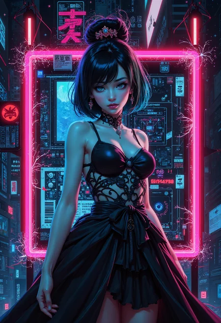 (in Otomo Katsuhiro style:1.2), masterpiece, high-quality, An electric poet, her form an outline of neon wires against a dark backdrop, each line flowing in calligraphic strokes as if shes made of flowing ink, Shes surrounded by floating glowing symbols that shift with her movements like characters in an illuminated manuscript forming abstract poetry in the air, neon calligraphy, electric verse, illuminated symbols, (Stylized neon minimalism with flowing linework and a dark, high-contrast palette:1.1), (elaborate fine details:1.1), (hyperdetailed:1.1), (intricate details:1.0), (Refined details:1.1), (best quality:1.1), (high resolution:1.2),