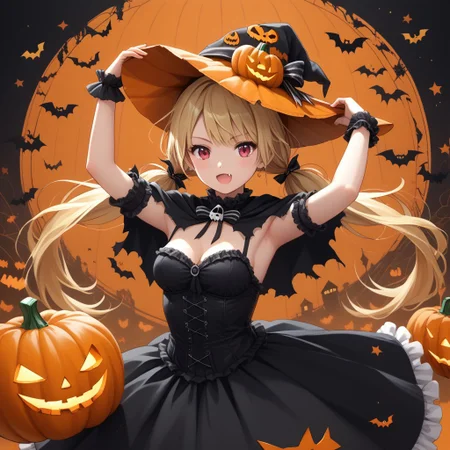 long twintails, blonde hair, pumpkin hat,medium breasts ,fang
gothic dress,torn cloak,
halloween, halloween costume,pose
arms raised in the air
score_9, score_8_up, score_7_up,  masterpiece, best quality, source_anime, source_hentai,  uncensored, detailed background,