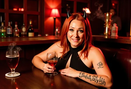 A medium shot photograph at 1:00 AM, showing a curvy 40-year-old woman with red hair and jade green eyes at an elegant cocktail bar that has hardwood floors, she is a little overweight and voluptuous, sleek furniture, the light comes from low fixtures casting long sensual shadows. There is a glass of scotch on the table in front of her. She is a beautiful woman with mature features, like wrinkles, freckles and moles are emphasized under warm lighting. She has a confident, flirty, expectant smile. She has a tattoo written on her arm that clearly says "Sinfully Stylish". She is wearing devil horns. She is wearing a modest black party dress with a high collar that shows no cleavage. She has small sized breasts that are very saggy and are covered by the dress, there is a light haze of cigarette smoke in the air. aidmatextimprover