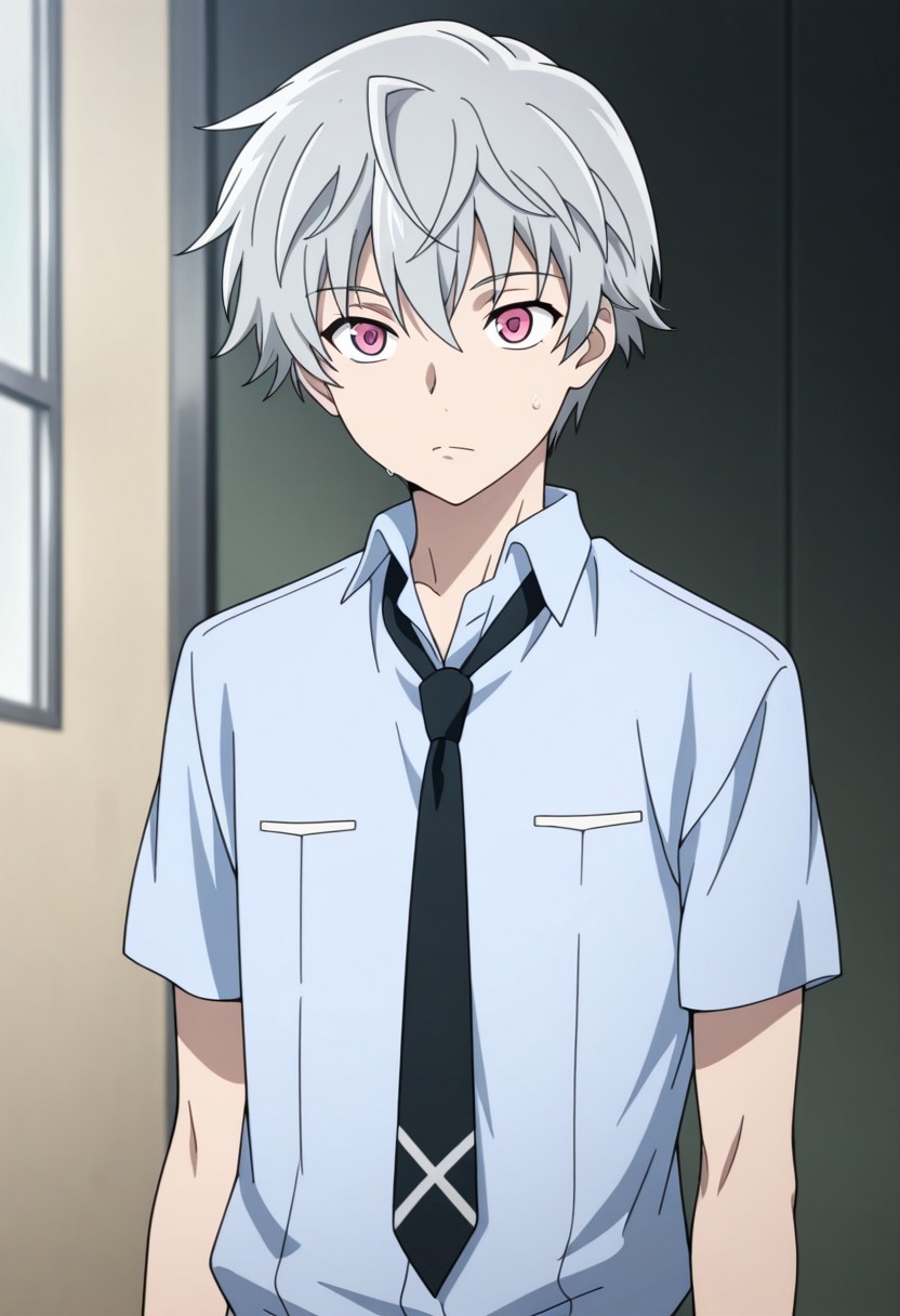 masterpiece,best quality,amazing quality, source_anime, 
aruakise, 1boy, male focus, solo, pink eyes, grey hair, shirt, light blue shirt, collared shirt, black necktie, short sleeves,