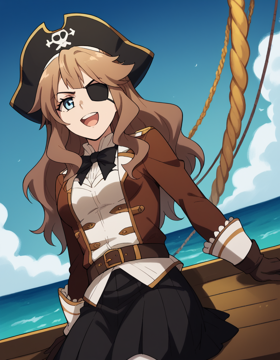 score_9, score_8_up, score_7_up, source_anime, <lora:fiore-forvedge-yggmillenia-apocrypha-s1-ponyxl-lora-nochekaiser:1>, fiore forvedge yggdmillennia, long hair, blue eyes, brown hair, sidelocks, medium breasts,, <lora:pirate-costume-ponyxl-lora-nochekaiser:1>, pirate costume, pirate hat, skirt, gloves, jacket, shirt, eyepatch,, blue sky, sea, ocean, pirate ship, treasure, gold, smug, open mouth, from below, sitting,, , dutch angle, cowboy shot