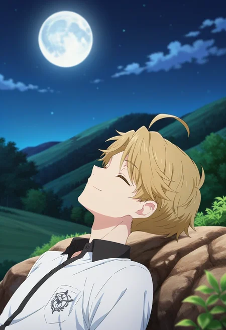 masterpiece, best quality, intricate details, anime screencap, , , , 1boy, solo, male focus, <lora:yuuma_nikaidou_ilxl:0.98>, yuuma_nikaidou, blonde hair, yellow eyes, short hair, ahoge, upper body, hill, greenery, night, full moon, leaning back, (closed eyes:1.2), smile,