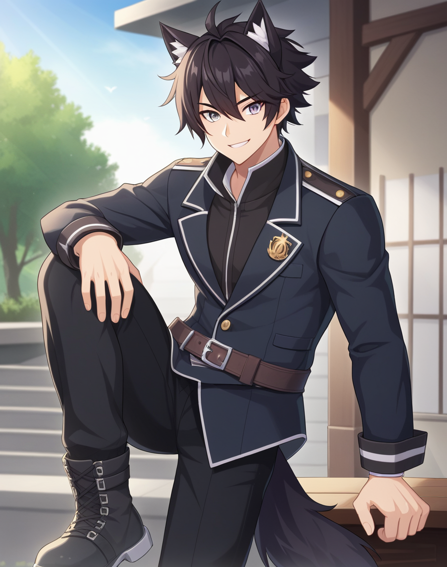 score_9, score_8_up, source_anime, original style, BREAK, rating_safe, <lora:ercnard_sieghart_pony:0.8>, straight-on,  ercnard_sieghart_pony, black hair, gray eyes, short hair, hair between eyes, 1boy, solo, male focus, cowboy shot,  outdoors, wolf ears, wolf tail, looking at viewer, standing on one leg, hand on own knee, smile,