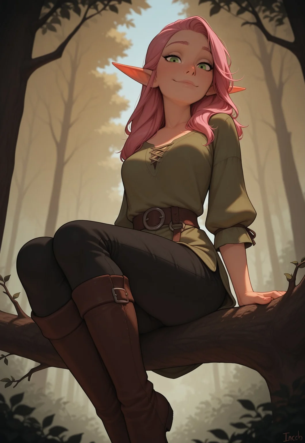 masterpiece, best quality, amazing quality, very aesthetic, DISNEY_ANIMATION, incoth, (incase:0.6), female, solo, (depth of field), medieval setting, forest, day time
elf, pink hair, green eyes, cute face, slender, small breasts, long hair swept to one side, short elf ears, short ears
Green shirt, black pants, leather boots
sitting on branch, looking at viewer, soft smile, view from below