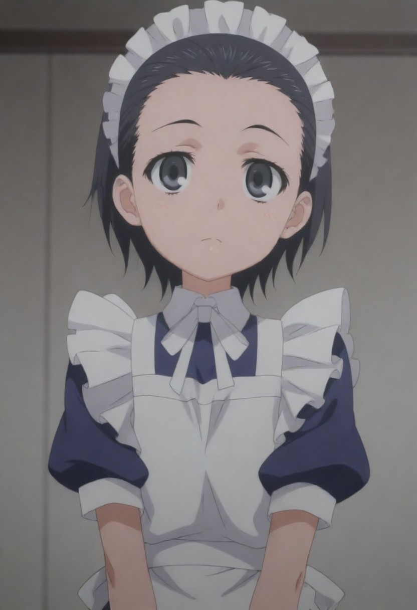 masterpiece, best quality, amazing quality,,, shiny skin,,,,,<lora:Maika Tschimikado:1> ma1ka, black hair, short hair, black eyes, maid headdress, maid, apron,