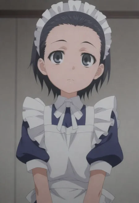 masterpiece, best quality, amazing quality,,, shiny skin,,,,,<lora:Maika Tschimikado:1> ma1ka, black hair, short hair, black eyes, maid headdress, maid, apron,