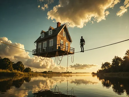 Professional photography. award winning cinematic photo.
Surreal. Muted tones. (A house floating in the sky at the end of a long rope:1.95). (A man walks a tightrope:1.95).
Lens flare.