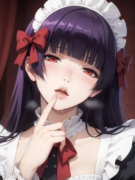 (score_9, score_8_up, score_7), 1girl,yuuko,purple hair, long hair, red eyes, blunt bangs, hime cut, maid clothes, Victorian style, full sleeves, maid hair bow, lusty lips, open mouth, heavy blush, heavy breathing, saliva, pervert, half closed eye, licking own finger, finger inside mouth, yandere, head tilt, twisted personality, upperbody, from side, closeup, classroom, evening time
