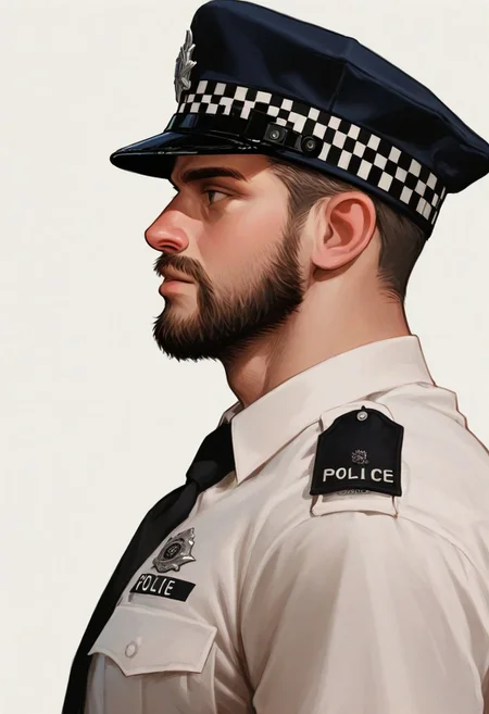 1boy,solo,male focus,facial hair,solo,uniform,beard,hat,shirt,necktie,police hat,from side,short hair,white shirt,mature male,black necktie,headshot,upper body,
best quality,masterpiece,simple background,closed mouth,
<lora:4k:1>,<lora:chequered_police_helmet_UK_police_hat:0.8>,