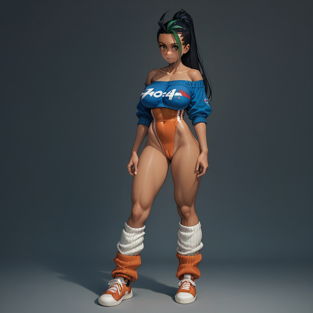 ((score_9)),score_8_up,score_7_up,score_6_up,score_5_up,score_4_up, retro_workoutwear, source_pokemon, Nemona, BREAK, aged_up, large breasts, 20 year old female, Nemona\(Pokemon\), 1woman, dark-skinned_female, streaked hair, retro_workoutwear, 1980s_(style), aerobics, headband, off_shoulder, highleg_leotard, leg_warmers, thong_leotard, cropped_sweater, leg_warmers, sneakers, studio,