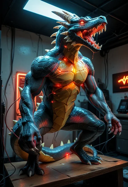 end_tripwire_morph, no humans, spikes, teeth, dragon made out of wire and electrical cables, tail, sharp teeth, claws, open mouth, solo, neon, wires, made of wires, cables, outlined with wires and neon, neon outlines, wire sculpture, neon wire sculpture, PonyXLV6_Scores
Head: glowing red eyes
Body: big and tall body, muscular body, red and black skin
Environment/ place: inside facility, low light