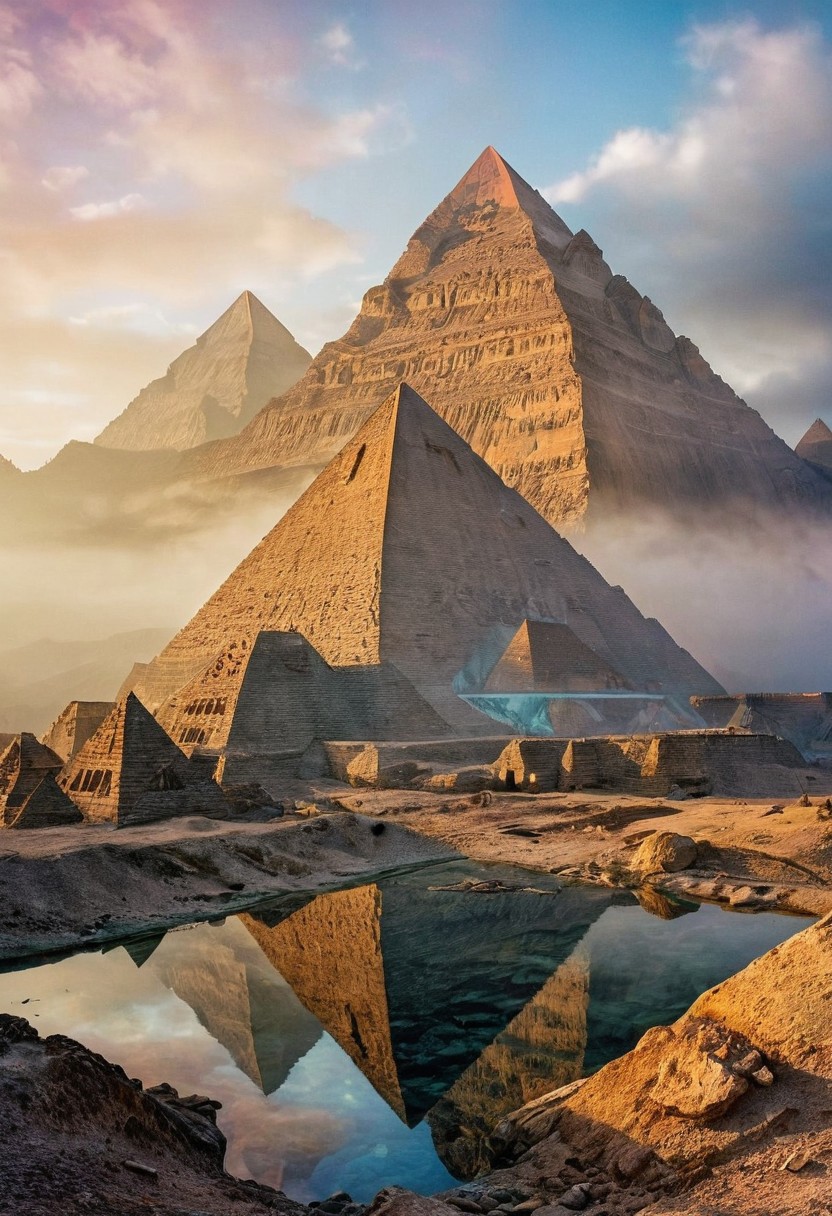 their peaks veiled in mist. mixed media, surrealism, great lighting, A surreal landscape highly detailed . extremely high-resolution details,  appears trapped in an optical illusion of reflections and refractions colorful , great pyramids build on ountains, professional photography, natural lighting, volumetric lighting maximalist. intricately detailed, complex, elegant, expansive, fantastical, film photography style,  medium grain