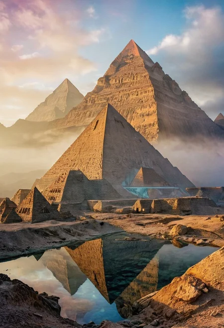 their peaks veiled in mist. mixed media, surrealism, great lighting, A surreal landscape highly detailed . extremely high-resolution details, appears trapped in an optical illusion of reflections and refractions colorful , great pyramids build on ountains, professional photography, natural lighting, volumetric lighting maximalist. intricately detailed, complex, elegant, expansive, fantastical, film photography style, medium grain