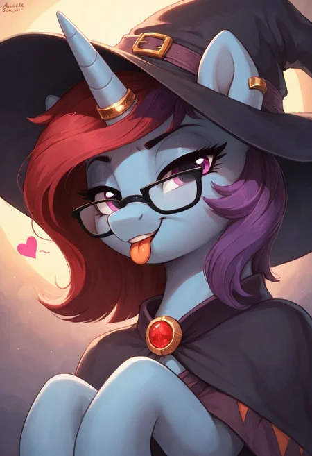 score_9, score_8_up, score_7_up, score_6_up, source_anime, source_pony, feral, beautiful, anatomically accurate, pony, close-up, tongue out, dynamic pose, witch hat, witch outfit,
anthro,mlp,Solo,Female, pony, anthro, unicorn, female,, blue skin, long messy hair, (three toned hair, dark blue, purple hair, red hair,) multicolored hair, floating hearts, horn ring, black framed glasses, purple eyes, feral pony, mlp,looking at viewer, upper body, face focus, face close-up, arms forward, incoming hug, incoming kiss, suggestive smirk, bedroom eyes,view from below, from below, doggystyle