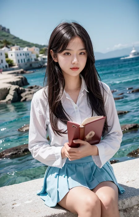 cinematic photo "A close-up portrait of a 17-year-old girl with flowing white hair, sitting in a relaxed atmosphere reminiscent of a wonderful life by the Aegean Sea. She is wearing a crisp white shirt and a stylish pink school uniform skirt, deeply engrossed in reading a colorful book. The background features sunny weather with a blue roof and white walls, enhancing the serene and joyful environment. The scene captures her expression of love and contentment as she enjoys her book, surrounded by the beauty of the coastal setting."
<lora:Better_Pose:1> <lora:fluxenhancer:1> <lora:sparklycism:1>, <lora:Tangbohu_real_style_FLUX_type_A:1>, 35mm photograph, film, (bokeh:1.3), professional, 4k, highly detailed