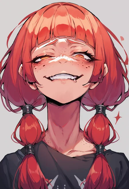 score_9, score_8_up, score_7_up, score_6_up, score_5_up, score_4_up, 1girl, pigtails, red hair, freckles, ginger, blunt bangs, y0tt4, <lora:Smooth Anime Style LoRA XL:0.35> <lora:y0tt4:.8> <lora:Concept_Gesugao:1> gesugao, parted lips, evil smile, half closed eye,