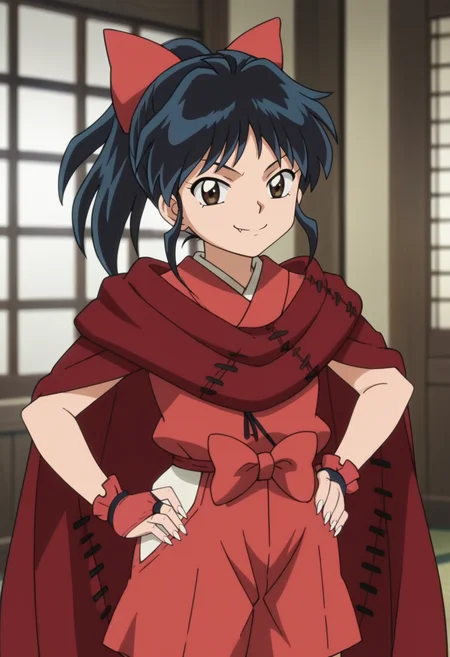 source_anime,anime screencap, anime coloring,intricate details,rating_safe, masterpiece, best quality,
(best quality, absurd res, ultra detailed),,(4 finger:0.5),1girl, ((solo)), good eyes,perfect eyes,,detailed eyes, zPDXLxxx , zPDXL3,detailed, detailed face
BREAK
solo,indoors,standing,front view,hands on hips,
moroha, brown eyes, black hair, hair bow, ponytail, japanese clothes, fingerless gloves, toeless legwear, cape, sharp fingernails,
smug,
, <lora:add-detail-xl:2> <lora:Moroha_Inuyasha_-_Yashahime:0.8>