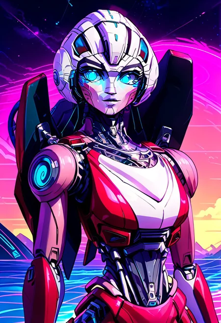 score_9, score_8_up, score_7_up, screencap, detailed eyes, looking at viewer, bust shot, multiple views, perfect face, arceerotb, autobot, 1girl, red and white body, mechanical parts, robot, helmet-like head, robotic face, glowing blue eyes, autobot symbol on forehead, fairing-like chest, wheels on back, narrow waist, synthwave, vaporwave, wave, lasers, sunset, synthwave-galaxy, unique pose, unique angle, multiple views