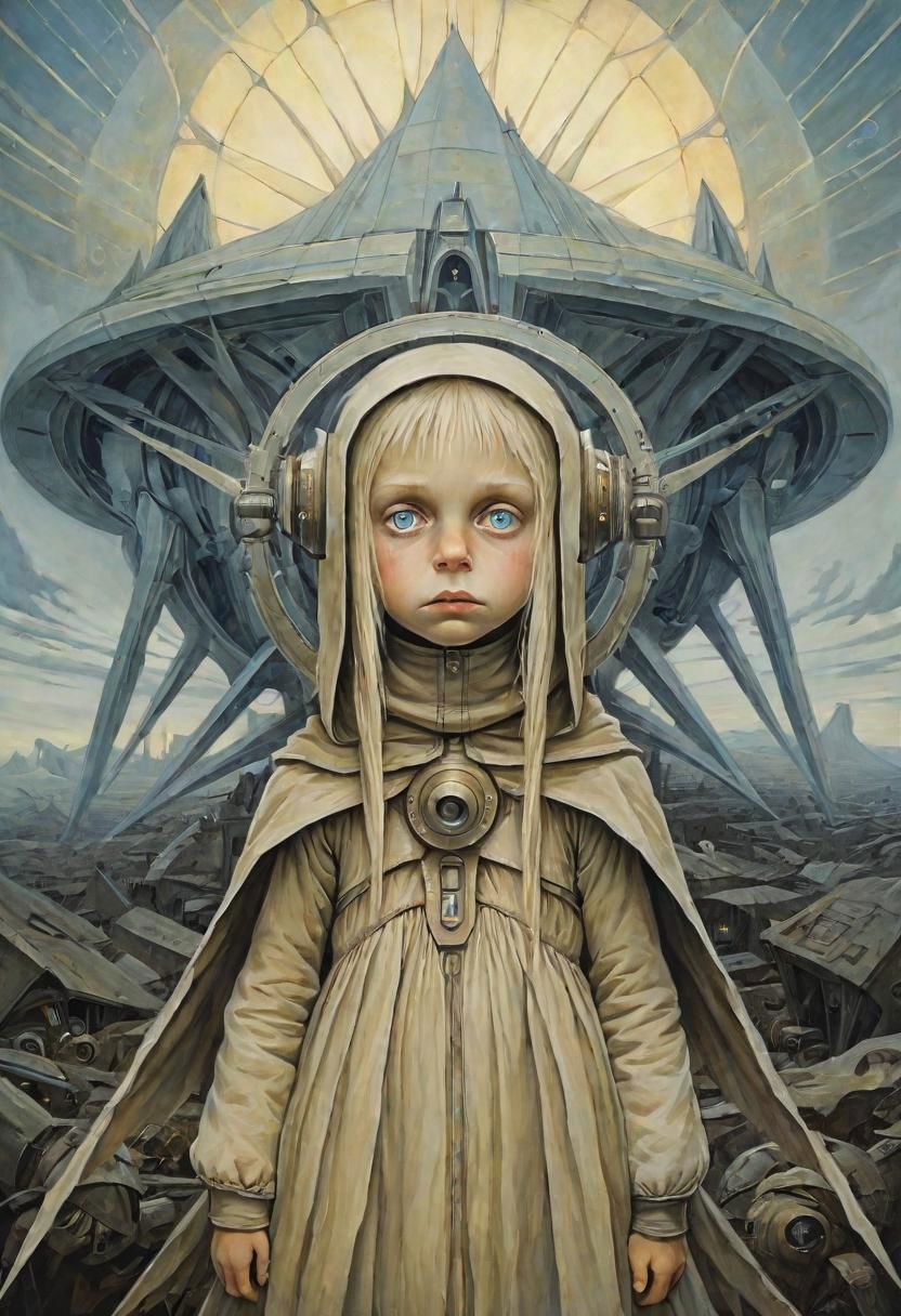 retrofuturism Of a child girl, (so much away but close to home:1.25), looking at viewer, masterpiece by (sorserob:0.5), (highly details, best quality:1.125)