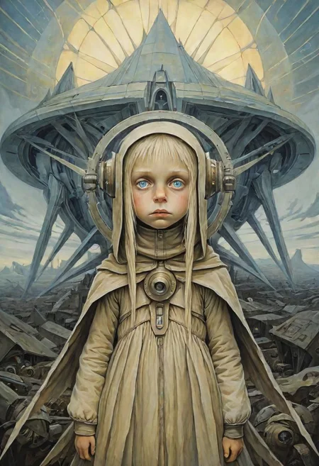 retrofuturism Of a child girl, (so much away but close to home:1.25), looking at viewer, masterpiece by (sorserob:0.5), (highly details, best quality:1.125)