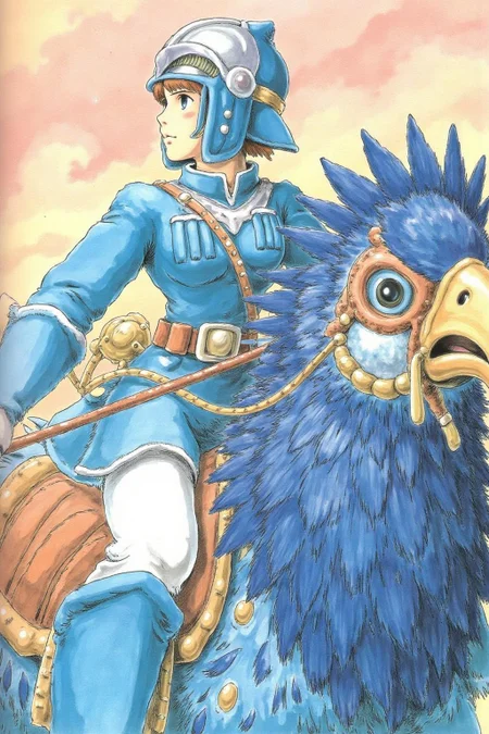 miyaha1 manga illustration. Profile of a young woman dressed in a blue and white outfit adorned with a helmet and a large, ornate belt. The woman is riding a large, fantastical creature with a bird-like head, primarily blue in color, with a beak that resembles a beaked creature or a mythical beast. <lora:miyaha1_cap_d6a3e12:0.9><lora:818068485646271259:0>