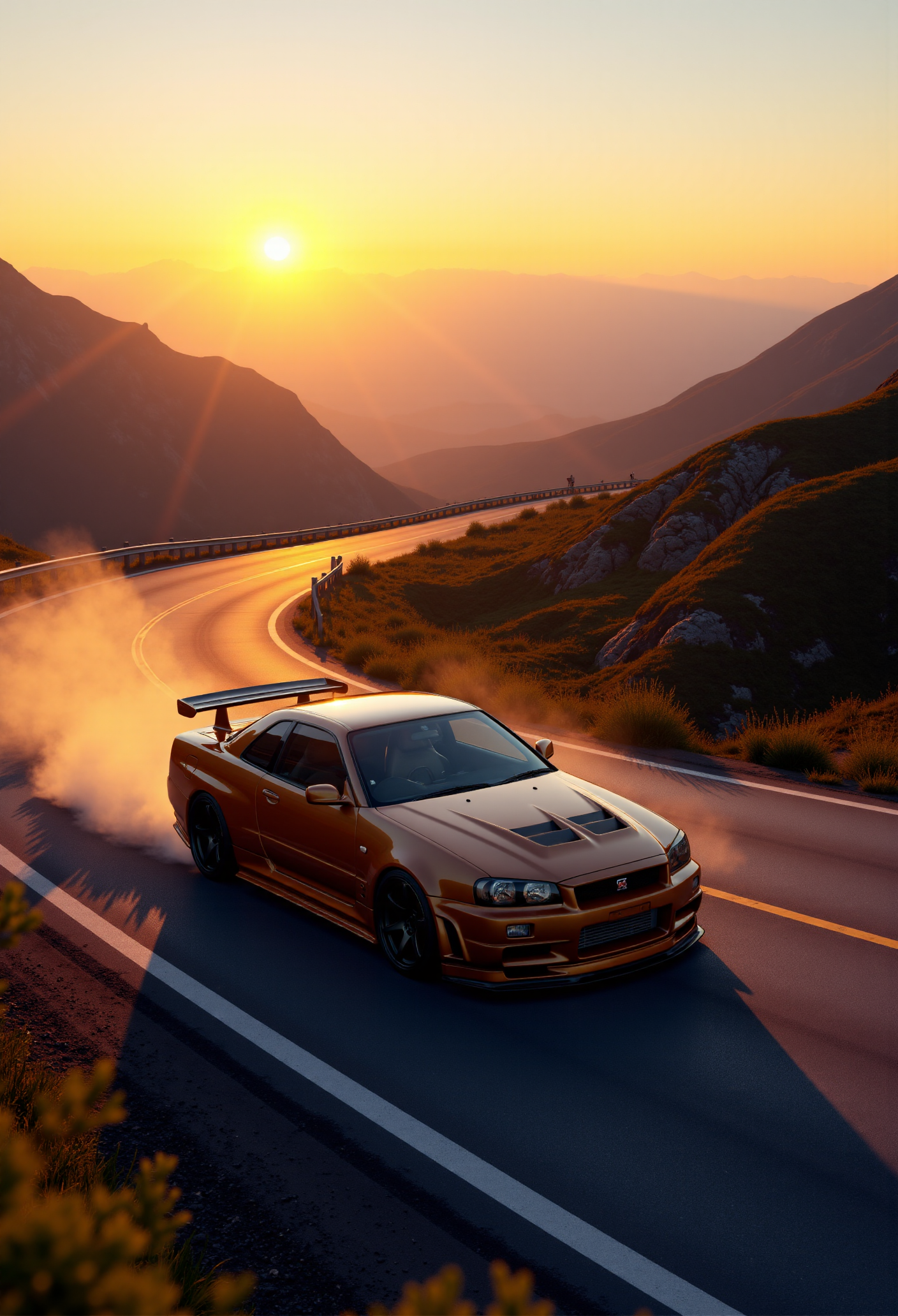 <lora:Nissan_Skyline_GT-R_R34:0.8> Nissan Skyline GT-R R34.
The first rays of sun spill over ridgelines as the Nissan Skyline GT-R R34 crests a scenic mountain pass, its silhouette blazing like a war chariot in the golden hour. Photographed with a sweeping drone shot using a wide 18mm lens, the camera soars behind and above, capturing the fluid motion of the car carving switchbacks in a ballet of tire and torque. The vibrant orange sunrise reflects off the molten orange paint, creating visual harmony between car and sky. Wisps of vapor trail behind the spoiler as the temperature difference casts atmospheric ribbons in its wake. Every panel, from vented hood to diffuser, is rendered in pristine photorealism, its surfaces kissed by nature and performance. This is the R34 not as a machine, but as a morning hymn to velocity.
