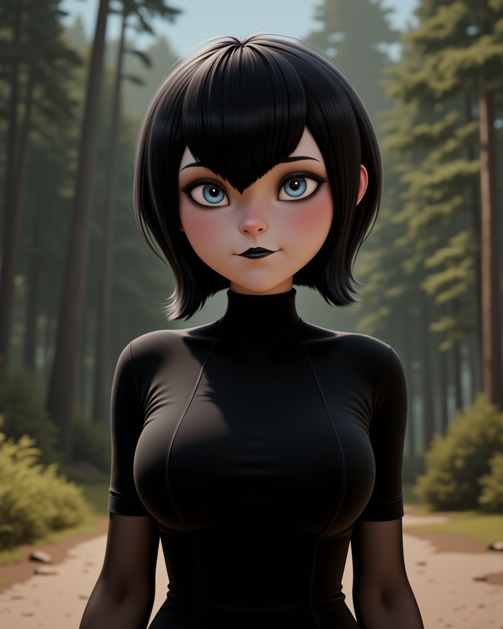 wide shot, looking at viewer, outdoors daylight, 20 year old woman
front view, passport style with upper body and lower waistline 
 <lora:Hotel_Transilvania_-_Mavis_v2-000030:1> ht-mavisa 20 year old adult woman with blue eyes and black hair.
a playful vampire girl with short black bobbed hair and icy blue eyes, wearing a fitted black turtleneck mini dress with short sleeves,