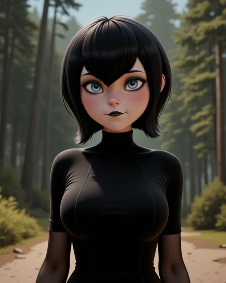 wide shot, looking at viewer, outdoors daylight, 20 year old woman
front view, passport style with upper body and lower waistline
<lora:Hotel_Transilvania_-_Mavis_v2-000030:1> ht-mavisa 20 year old adult woman with blue eyes and black hair.
a playful vampire girl with short black bobbed hair and icy blue eyes, wearing a fitted black turtleneck mini dress with short sleeves,