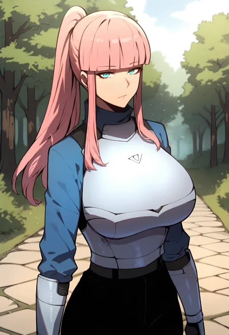 score_9, score_8_up, score_7_up, score_6_up, source_anime, rating_explicit, 1girl, solo, huge breasts,<lora:Mesa Milkano prefectPonyxl:0.9> pink hair, long hair, ponytail, blunt bangs, blue eyes, sidelocks, aqua eyes, armor, blue shirt, turtleneck, breastplate, long sleeves, black pants, expressionless, forest, outdoors, looking at viewer