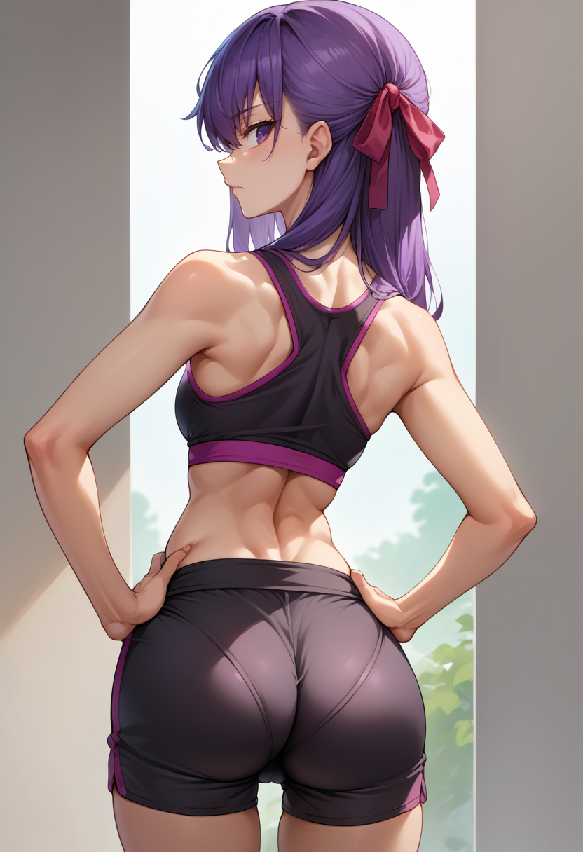 score_9, score_8_up, source_anime, 1girl, solo, SakuraMatou, purple hair, purple eyes, long hair, hair ribbon, from behind, looking back, hands on hips, sports bra, black shorts, ass, <lora:ChamSakuraMatouPonyXL:1>