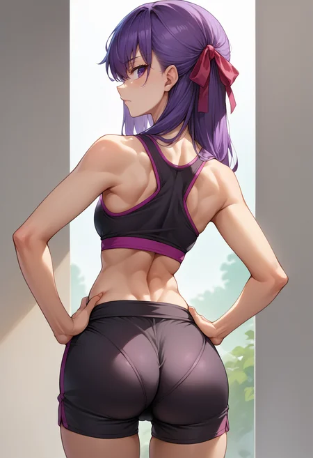 score_9, score_8_up, source_anime, 1girl, solo, SakuraMatou, purple hair, purple eyes, long hair, hair ribbon, from behind, looking back, hands on hips, sports bra, black shorts, ass, <lora:ChamSakuraMatouPonyXL:1>