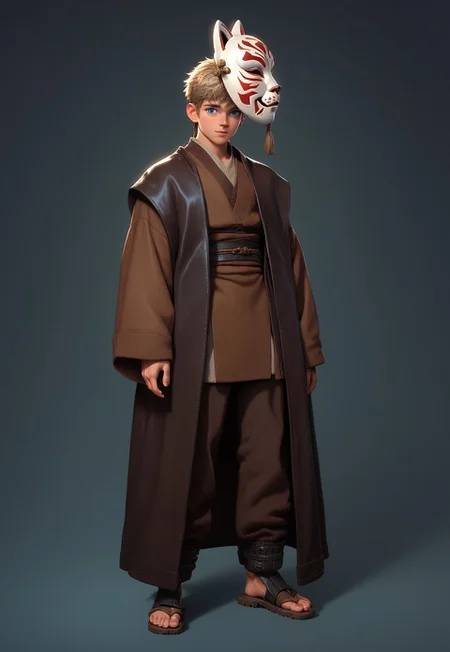 score_9,score_8_up,score_7_up,score_6_up, 1boy, young boy,(handsome, cute) solo, blue eyes, blond hair, ((fox mask on face)), standing near sci-fi chair, (muscular body:0.9)), Sci-fi backround, Sci-fi chair, jedi robe, belt, brown clothes, robe, coat, 1boy, male focus, full body,