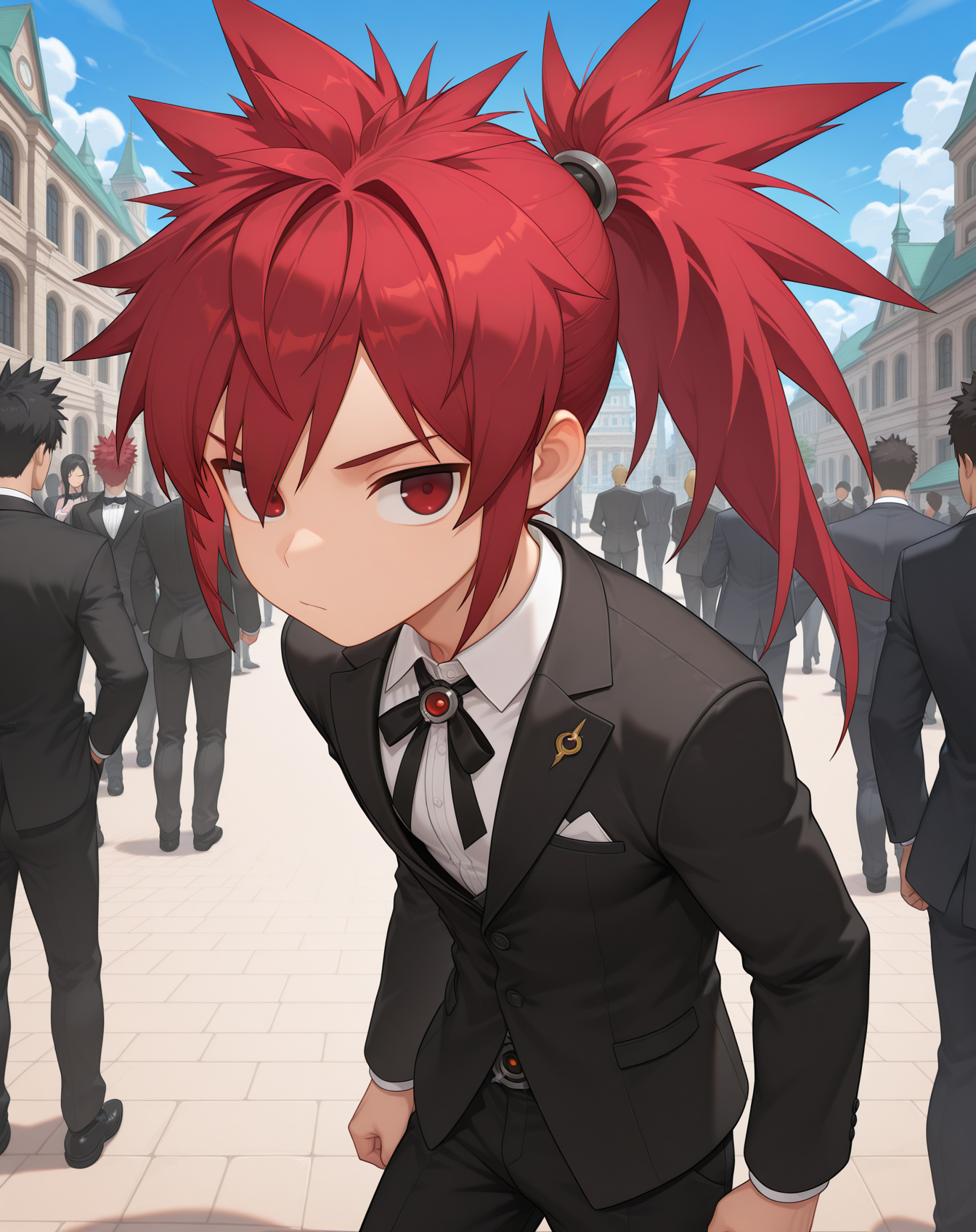 masterpiece,best quality,amazing quality, newest, very aesthetic, absurdres,
1boy, solo, yaoi, male focus, looking at viewer, cowboy shot, standing,
 <lora:Elsword_Sheath_Knight_ilxl:1> elswordsk, red hair, red eyes, spiked hair, long hair, ponytail,
formal, tuxedo, neck ribbon, white shirt, collared shirt, black pants, shoes, black footwear, suit jacket, black jacket,
outdoors, day, blue sky, building, people,