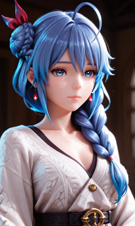 masterpiece, best quality, very aesthetic, absurdres, detailed, detailed background, BREAK, phoena/(cc/),1girl,solo,blue eyes,blue hair,long hair,bangs,hair ornament,hair ribbon,hair between eyes,braid,single braid,hair bun,single hair bun,hair over shoulder,ahoge,earrings,