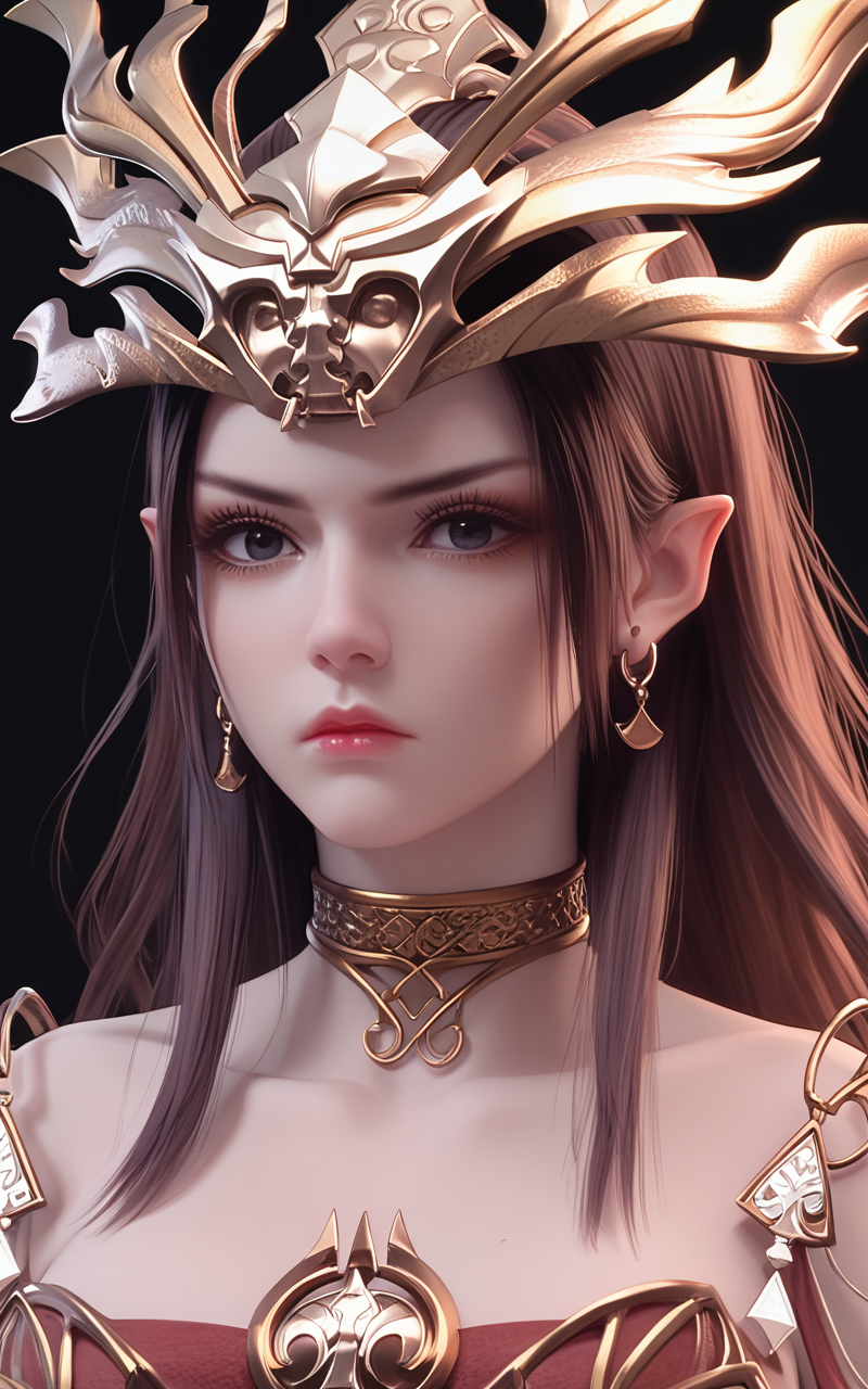 score_9,score_8_up,score_7_up,
<lora:MedusaPonyT:0.9>,Medusa,1girl,earrings,jewelry,long hair,pointy ears,solo,brown hair,hair ornament,choker,expressionless,closed mouth,black background,