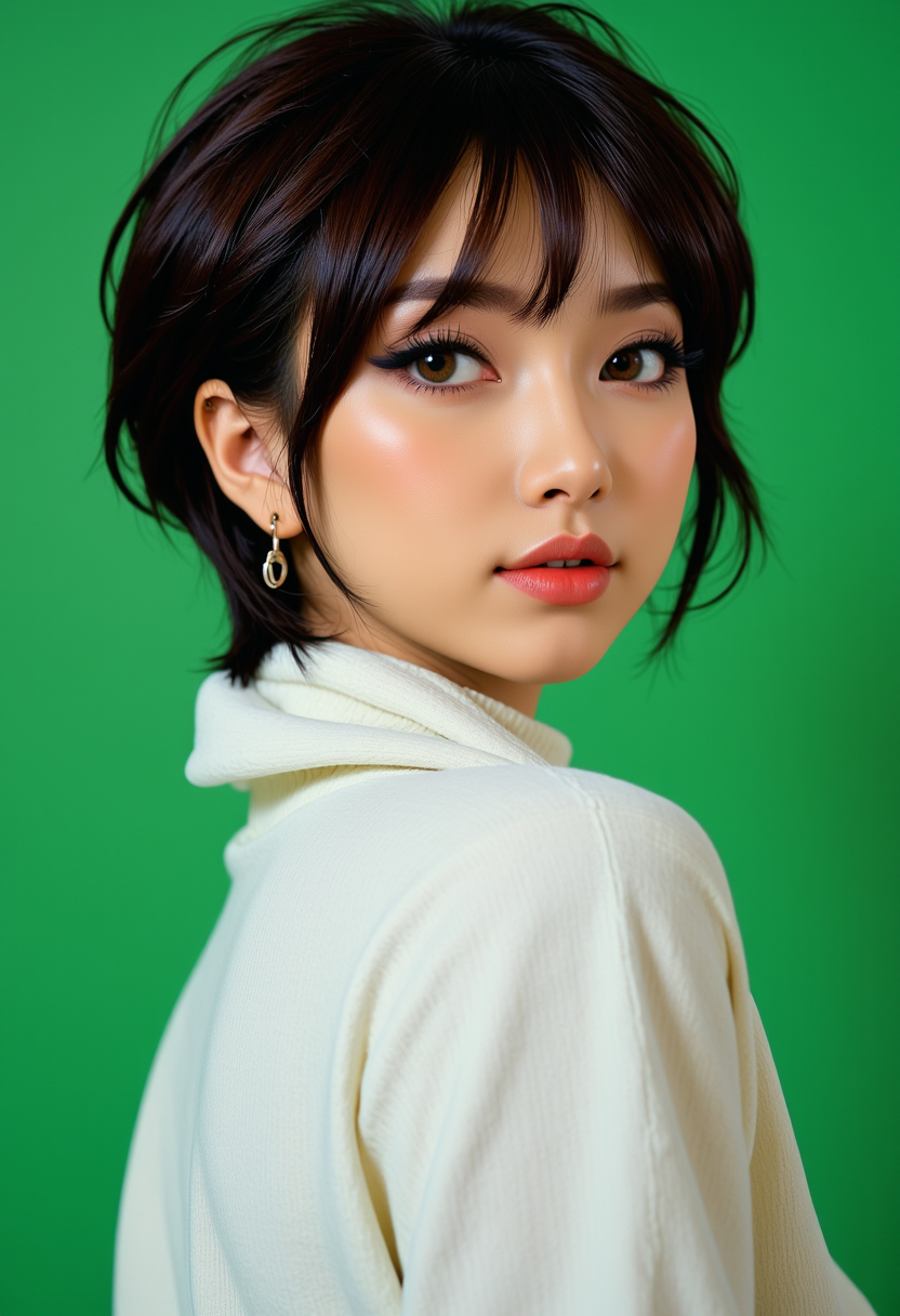 Headshots,masterpiece, a beautiful woman,Hyperrealistic, she is smiling, dynamic angles, multiple angles, photoshoot poses; A photo of A photo of Synthetic Partner 1, a woman with short dark hair, and brown eyes, she has massive breasts, a beautiful girl,she is wearing a white turtleneck sweater.she has massive breasts, she has piercing eyes. a dynamic pose and a sense of action. simple green background, and the lighting is soft, creating a dramatic effect, creating a focused and dynamic pose.; the scene is set in a beautiful well-lit environment, with a sense of action and adventure. Style: realistic hyper-detailed rendering, 32k UHD, expressive eyes, punk, graphic design, girl's face, pretty and cute, gleaming lips, telling a tale of adventure. Exuding confidence and serenity. The overall mood of the image is happy and relaxed, detailed skin texture,(blush:0.2),(goosebumps:0.3), subsurface scattering,with a playful and whimsical tone,perfect hand, hand, detailed hand,niji style,retro50s_style,