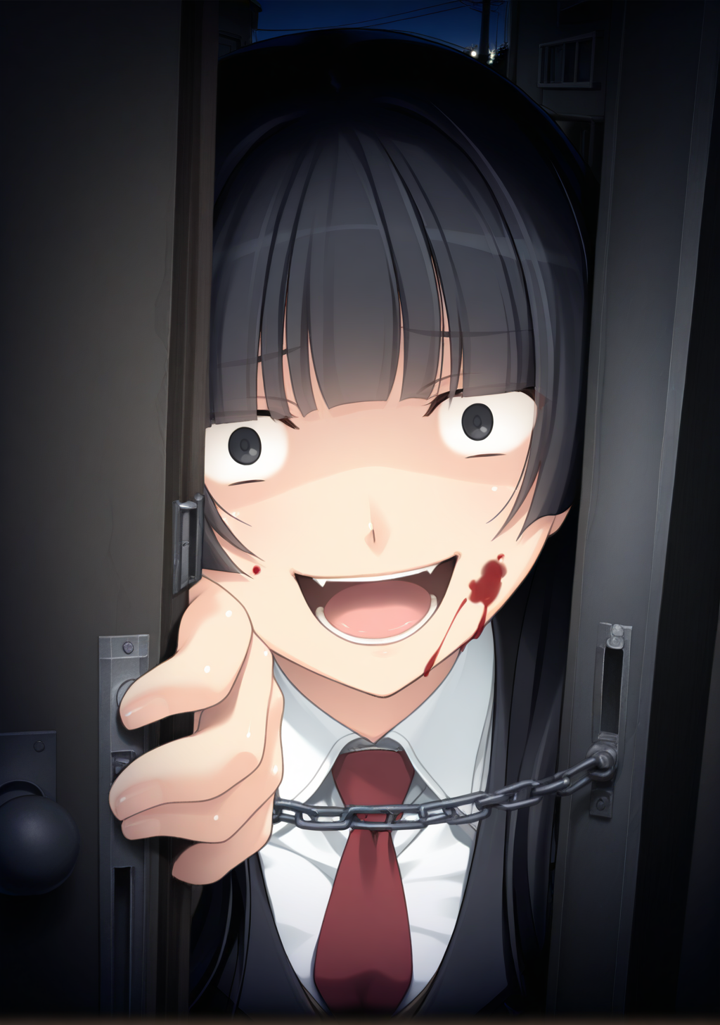 masterpiece, best quality, absurdres, perfect lighting,shiny skin,<lora:StS-Illustrious-Detail-Slider-v1.0:3>,<lora:illustrious_noobai_epsilon_pred_1_best_quality_v1:1>,1girl,large breasts,shizuku, black hair, long hair,blunt bangs,black eyes,<lora:shizuku:1>,school uniform,red necktie,blazer,blood,blood on face,crazy smile,crazy smile,wide-eyed,open mouth, evil smile,constricted pupils,shaded face, door, looking at viewer, door chain,peeking out, open door, chain, pov doorway, opening door,night,dark_theme,horror \(theme\),  <lora:doorchain_Illust_v1:0.9>,veiny hands,reaching towards viewer,