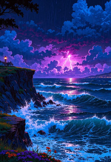A breathtaking view of the ocean as dark storm clouds roll in. A lone figure stands on a cliffside, rain soaking their clothes as lightning illuminates the roaring waves. The ocean reflects eerie purple and blue hues from the stormy sky. In the distance, a lighthouse glows faintly, a beacon of warmth against the wild, untamed elements.