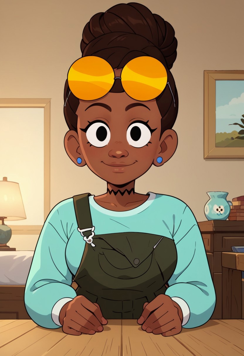 ((bedroom background)),score_9, score_8_up, score_7_up,score_6_up, 
1girl, Solo, JasmineW_Cotc, brown skin, black eyes, dark brown hair, hairstyle in a high bun, yellow sunglasses on head, small blue earrings, black choker, long sleeve aquamarine shirt, nori seaweed green overalls, white sneakers with yellow details, big eyes, tall stature, social smile, perfect eyes, perfect smile, looking at the viewer, big breasts, detailed eyes, perfect eyes, cute, standing, (front view,bust shot,close up to face,face portrait:1)