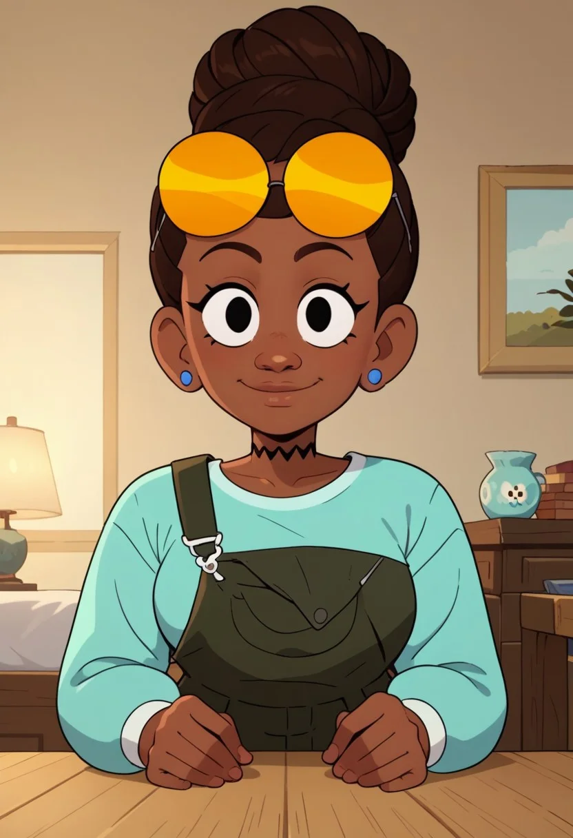 ((bedroom background)),score_9, score_8_up, score_7_up,score_6_up,
1girl, Solo, JasmineW_Cotc, brown skin, black eyes, dark brown hair, hairstyle in a high bun, yellow sunglasses on head, small blue earrings, black choker, long sleeve aquamarine shirt, nori seaweed green overalls, white sneakers with yellow details, big eyes, tall stature, social smile, perfect eyes, perfect smile, looking at the viewer, big breasts, detailed eyes, perfect eyes, cute, standing, (front view,bust shot,close up to face,face portrait:1)